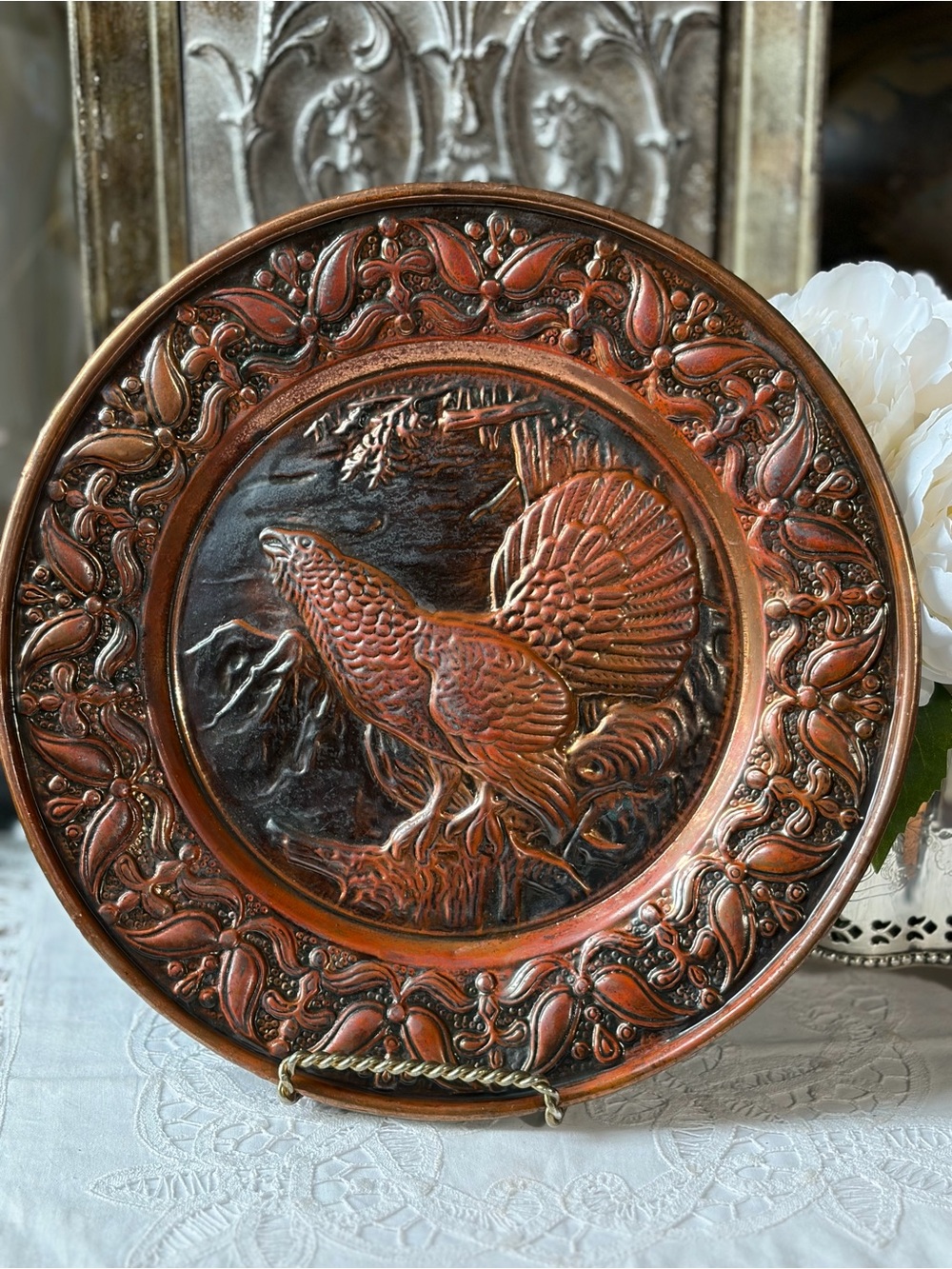 Vintage Copper metal wall plate pheasant bird French country cottage decor